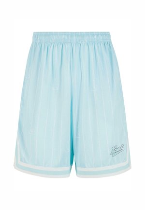 Light blue athletic shorts featuring a pinstripe pattern, elastic waistband, and white trim with logo detail. Soft fabric texture, casual design.