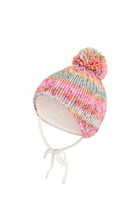 Child’s multicolored knit winter hat with pom-pom, ear flaps, soft lining, and white tie straps.