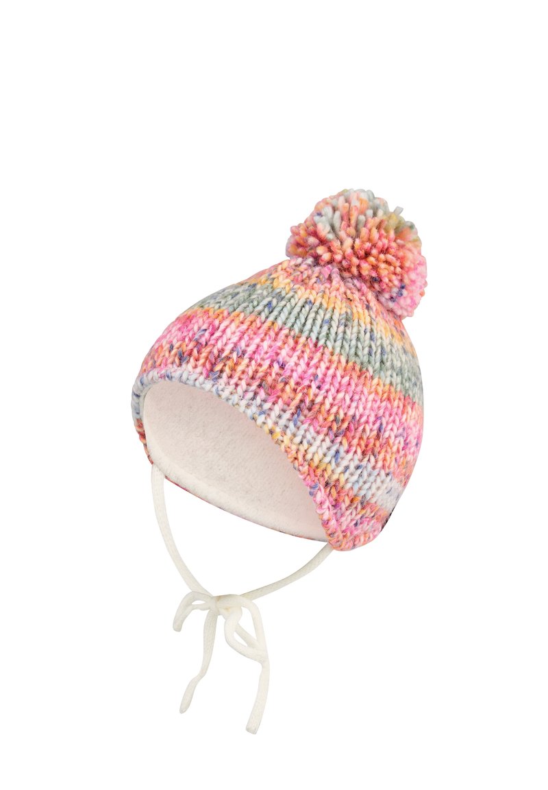 Child’s multicolored knit winter hat with pom-pom, ear flaps, soft lining, and white tie straps.