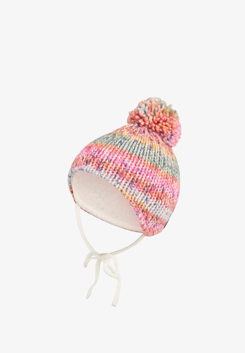 Child’s multicolored knit winter hat with pom-pom, ear flaps, soft lining, and white tie straps.