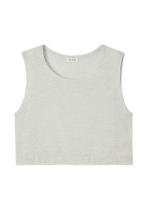 Hellgraues, kurzes Tanktop aus weichem Strickstoff, mit rundem Ausschnitt und weiten Armausschnitten, sowie einem gerippten Saum.