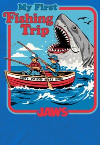 Vintage-Stil Illustration von zwei Jungen in einem roten Boot beim Angeln, mit einem großen Hai, der aus dem Wasser auftaucht. Blaue und weiße Wellen, bunter Hintergrund.