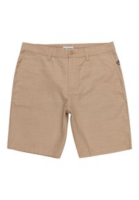 Beiga shorts i strukturerad tyg, med knoppar och bältesaxlar; inkluderar en liten svart logotyp på sidan.