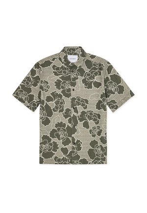 Chemise à manches courtes vert olive et crème avec un motif floral. Présente un devant boutonné et un col standard. Tissu texturé.