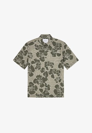 Πουκάμισο με κοντά μανίκια σε ελιά και κρεμ χρώμα με λουλουδάτο μοτίβο. Διαθέτει κουμπιά μπροστά και κανονικό γιακά. Υφασμάτινη υφή.