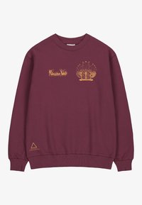 Sudadera burdeos con cuello redondo, puños y dobladillo de canalé. Presenta bordados en dorado con texto y motivos decorativos en la parte delantera.
