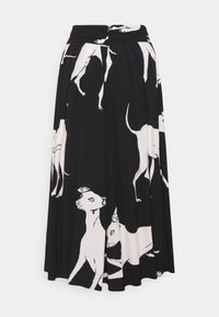 Falda negra con un diseño estampado de perros blancos. Fabricada en un tejido suave con pliegues y una cintura ajustada para una silueta fluida.