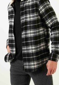 Schwarz-weiß kariertes Flanelljacke mit Frontreißverschluss, langen Ärmeln und Taschen-Detail. Wird über einem schwarzen Hemd und grauer Hose getragen.