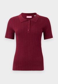 Polo shirt borgogna a maniche corte in maglia ribbed, con colletto e quattro bottoni sul davanti.