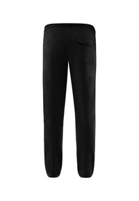 Černé tepláky s hladkým povrchem, elastickým pasem a bočním kapsovým detailem. Upevněné manžety na kotnících. Jednoduchý a funkční design.