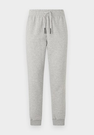 Light gray sweatpants with an elastic waistband and drawstring. Cuffed hem at ankles. Made of soft, textured fabric.