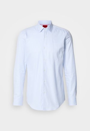 Light blue striped shirt with long sleeves, collar, front buttons, and buttoned cuffs. Made of smooth fabric with a subtle sheen.