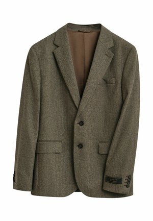 Brauner Blazer mit Fischgrätmuster, mit Klappkragen, Zwei-Knopf-Verschluss und Taschen. Gefüttertes Innenfutter, mit einem Etikett an der Ärmeln.