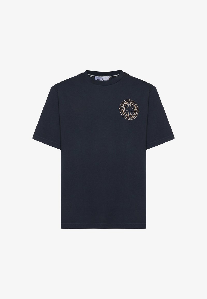 T-shirt a maniche corte blu navy con scollo rotondo e piccolo logo beige della bussola Stone Island sul petto sinistro.