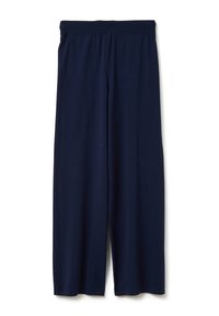 Donkerblauwe wijdere broek gemaakt van zachte stof, met een elastiche tailleband en een gladde textuur zonder zichtbare patronen of details.