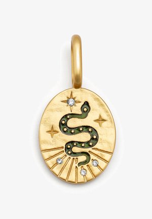 Gold oval pendant featuring a green snake design, surrounded by four stars and accented with three small clear stones. Textured surface.
