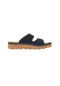 Czarne skórzane klapki na grubej korkowej podeszwie. Posiadają szeroki, otwarty pasek z wycięciami oraz kontrastowymi przeszyciami.