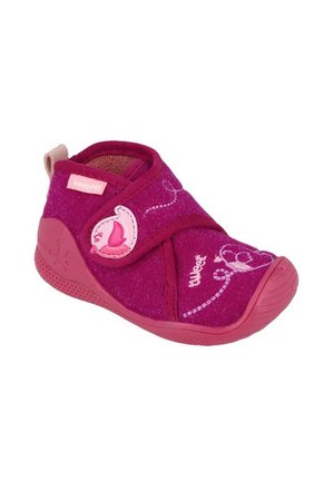 Pantofole per bambini in viola fucsia con cinturino in velcro, toppa a forma di uccellino rosa, dettagli ricamati e suola in gomma strutturata per uso interno.