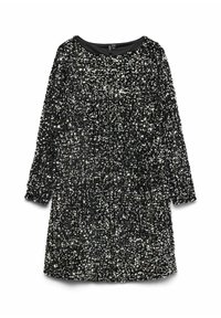 Sjajeva crna haljina sa šljokicama, dugih rukava, okruglog izreza i teksturiranom površinom, koja ima širok kroj i složene ukrase.