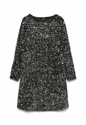 Sjajeva crna haljina sa šljokicama, dugih rukava, okruglog izreza i teksturiranom površinom, koja ima širok kroj i složene ukrase.