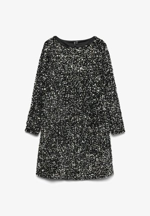 Glitrende sort paljetted kjole med lange ærmer, rund halsudskæring og tekstureret overflade, der har en løs pasform og intrikate udsmykninger.