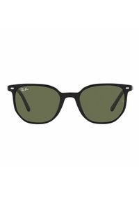 Occhiali da sole neri con lenti verdi, caratterizzati da una forma rettangolare audace e dettagli laterali. Logo Ray-Ban stampato sulla lente superiore sinistra.