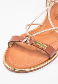 Sandalo in pelle marrone con cinturini stretti beige, accessori in tonalità oro e una soletta cucita color testa di moro. Presenta una placca con logo sul cinturino.