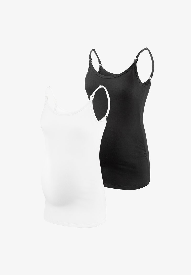 Due camisoloni per maternità in nero e bianco, realizzati in morbido tessuto con spalline regolabili e arricciature laterali per il massimo comfort.