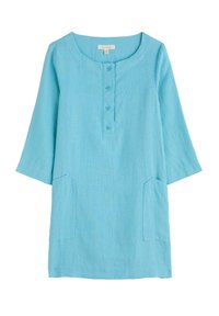 Aqua blauwe linnen tuniek jurk met een ronde halslijn, drie knopen aan de voorkant en twee zijzakken. Voorzien van driekwart mouwen.