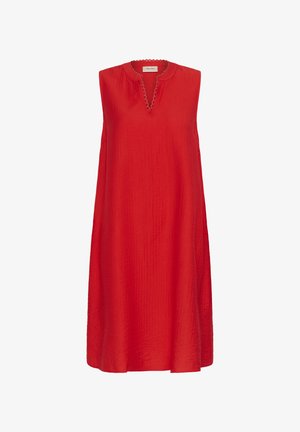 Červené šaty bez rukávů s výstřihem do V, ozdobeným vlnkovým lemem a volným střihem. Vyrobené z texturované látky s jemně pomačkaným vzhledem.