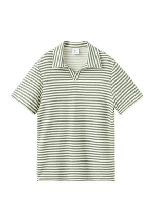 Polo a maniche corte in maglia con righe orizzontali verdi e bianche e colletto a intaglio.