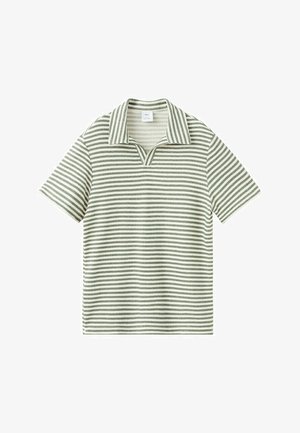 Polo a maniche corte in maglia con righe orizzontali verdi e bianche e colletto a intaglio.