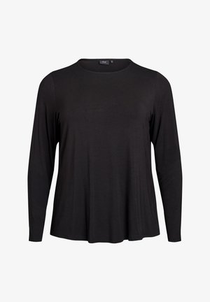 Camisa negra de manga larga hecha de una tela suave. Presenta un escote redondo y un corte holgado con un dobladillo ligeramente acampanado. Sin patrones ni adornos.