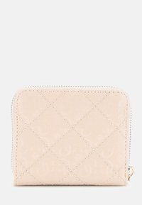 Quilted pink wallet made of textured leather with a zip closure, featuring a subtle logo pattern and contrasting white stitching.