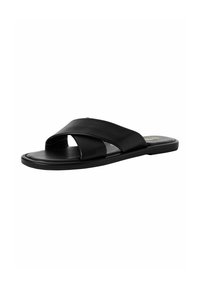 Black leather slide sandals featuring a cross strap design, flat sole, and smooth texture. Suitable for casual wear.