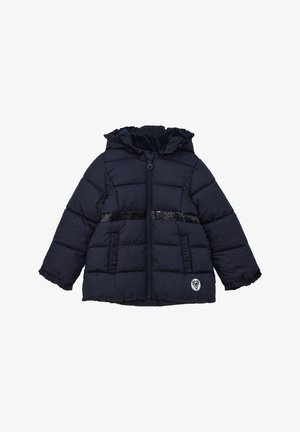 Navy-Steppjacke mit Kapuze, Reißverschluss, Rüschenärmeln, zwei Seitentaschen und einem pailettenbesetzten horizontalen Band über der Brust.