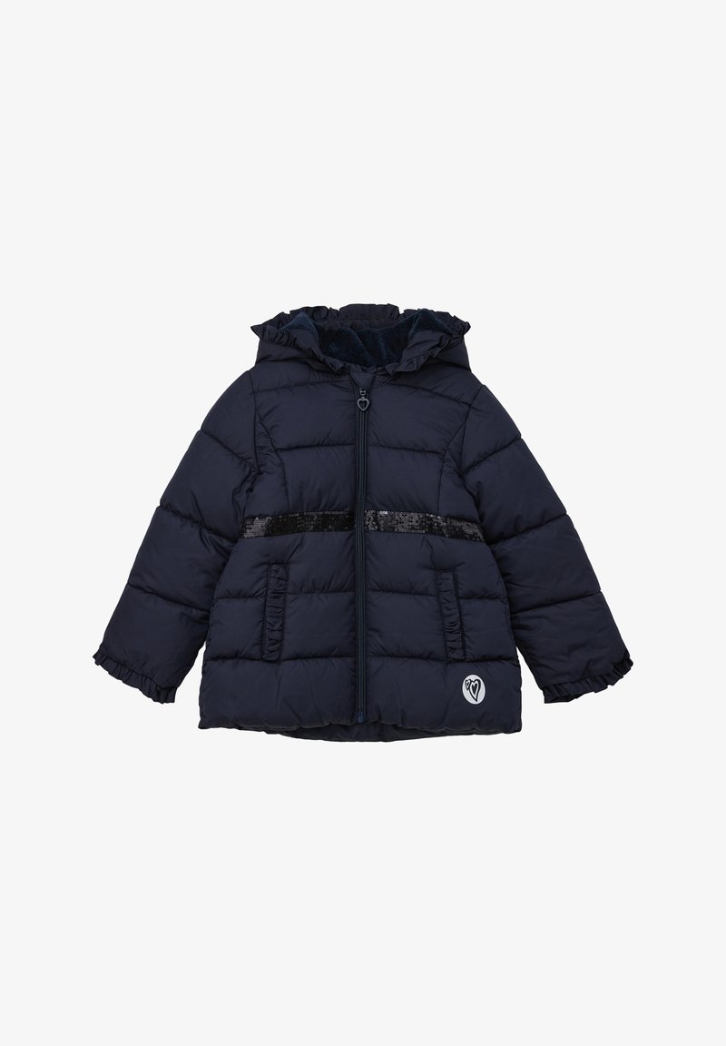 Granatowa kurtka puchowa z kapturem, zapięciem na zamek, falbaniastymi mankietami, dwoma bocznymi kieszeniami oraz cekinowym poziomym pasem na klatce piersiowej.