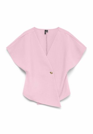 Haut cache-cœur rose clair à manches courtes avec une fermeture à un bouton doré et un col large en V, présenté sur un fond blanc.