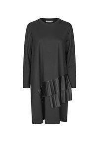 Sort langærmet kjole med en asymmetrisk skæring og plisseret tekstur på den ene side. Lavet af blødt stof med en rund halsudskæring.