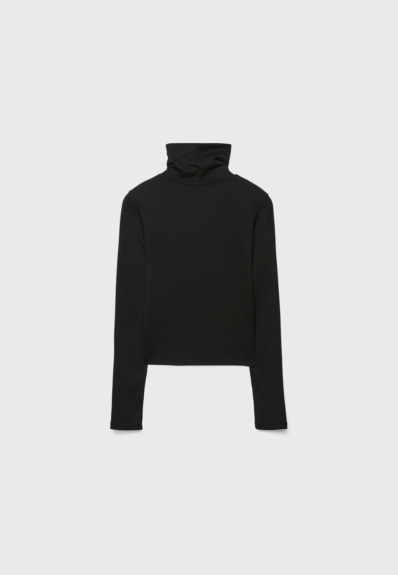 Top nero a collo alto in tessuto a coste, design cropped con maniche lunghe aderenti e colletto alto. Stile semplice e classico.