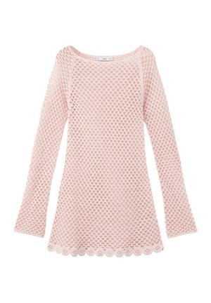 Top en maille rose clair à manches longues avec motif en résille losange et ourlet festonné, col rond et silhouette ajustée.
