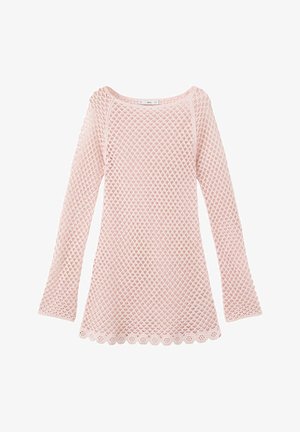 Top en maille rose clair à manches longues avec motif en résille losange et ourlet festonné, col rond et silhouette ajustée.