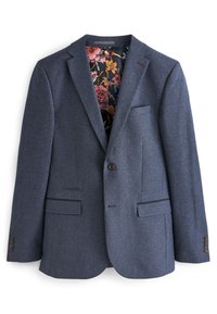 Blazer à carreaux marine avec une fermeture à un bouton, des revers crantés, des poches avant et une doublure à motifs floraux. Accentué par des boutons marron.