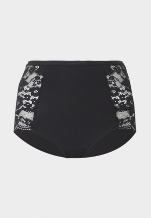 Zwarte damesonderbroek met hoge taille, bloemenkantpanelen aan de zijkanten en een glad stoffen middenstuk.