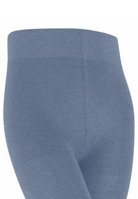 Niebieskie prążkowane legginsy z bezszwowym wysokim pasem oraz teksturowanym materiałem dla wygody. Zbliżenie uwydatnia detale materiału i designu.