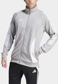 Graue Sportjacke mit hohem Kragen, Reißverschluss, weißen Akzenten und drei weißen Streifen an den Ärmel, aus einem glatten, leichten Material.