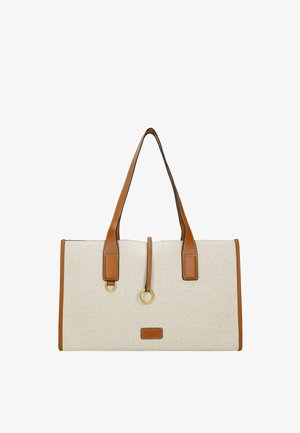 Rechthoekige beige canvas tas met beige leren handvatten, afwerking en kleine metalen ringetjes aan de voorkant.