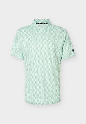 Hellgrünes Nike Golf-Polohemd mit durchgehendem kleinen Swoosh-Muster und Halskragen, kurzen Ärmeln und kleinem Logo-Patch am linken Ärmel.