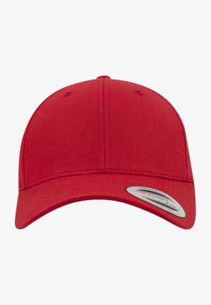 Red baseball cap made of fabric, featuring a curved brim, smooth texture, and a round tag on the front with branding details.