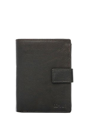 Czarny portfel z teksturowanej skóry z zamknięciem na przeszywany klapę i subtelnie wytłoczonym logo w prawym dolnym rogu.